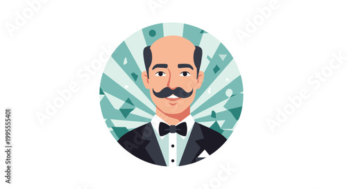 Portrait of a sophisticated man with a large mustache wearing a tuxedo and bowtie inside a circular frame.