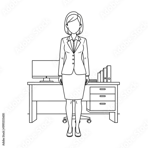 Line art fullbody woman office on white 