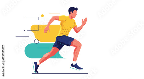 Athletic man running fast with high intensity against a background of abstract colorful geometric shapes.