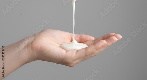 Close up of creamy white moisturizer lotion pouring into a hand palm for skincare and beauty routine, minimalist cosmetic product application on neutral gray background