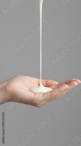 White Creamy Lotion or Shampoo Pouring into Hand for Skincare and Beauty Routine