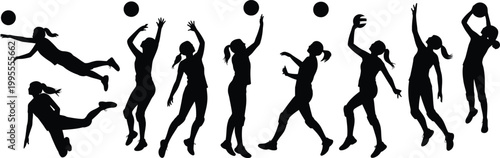 Volleyball players in action silhouettes sport game