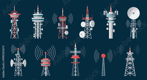 Collection of different types of radio, television, and cell phone towers against a solid dark blue background.