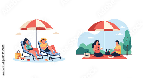 Outdoor summer activities featuring people relaxing on beach loungers under umbrellas and enjoying a picnic in the park.
