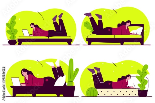 People sitting at home vector illustration,  woman lying on the bed while playing on laptop and cell phone