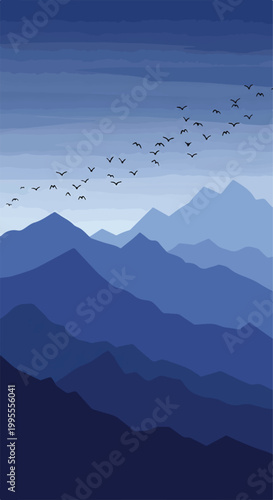 Photography A flock of birds flies over a range of blue mountains