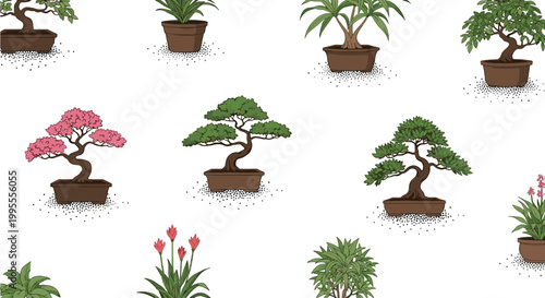 Collection of various stylized bonsai trees and indoor potted plants arranged in a decorative pattern on a white background.