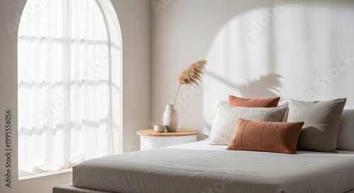 Serene Minimalist Bedroom Corner with Arched Window, Neutral Bedding, and Soft Natural Light – Cozy Contemporary Home Interior room, bed, hotel, interior, apartment, architecture, bedroom
