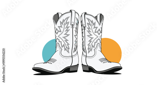 Classic pair of western cowboy boots with intricate decorative stitching against stylized blue and orange circular backgrounds.