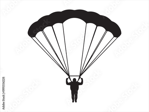 Ski parachute gliding with a man black silhouette, vector illustration, skydiving parachutist extreme sport design