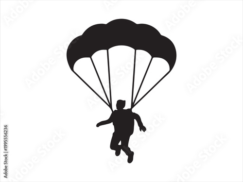 Ski parachute gliding with a man black silhouette, vector illustration, skydiving parachutist extreme sport design