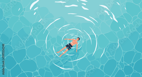 High angle view of a person peacefully floating in clear turquoise sea water with gentle ripples reflecting the sunlight.