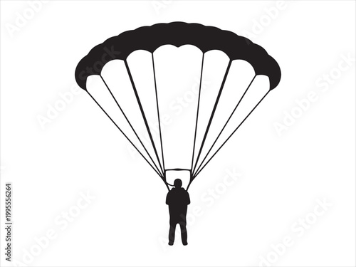 Ski parachute gliding with a man black silhouette, vector illustration, skydiving parachutist extreme sport design