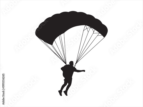 Ski parachute gliding with a man black silhouette, vector illustration, skydiving parachutist extreme sport design