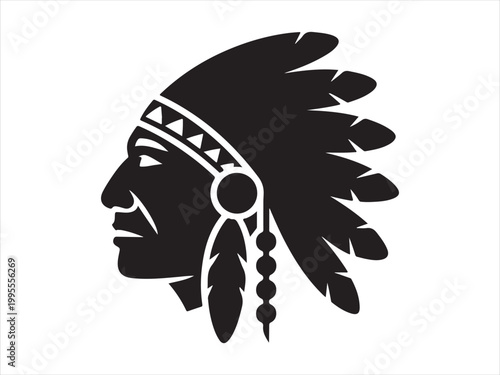 Native american chief head silhouette with feathered headdress black white vector illustration, tribal headdress profile design