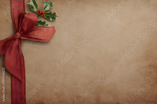 Vintage Christmas background with red ribbon and holly decoration