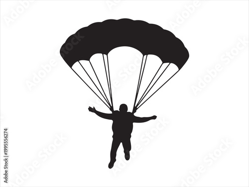 Ski parachute gliding with a man black silhouette, vector illustration, skydiving parachutist extreme sport design