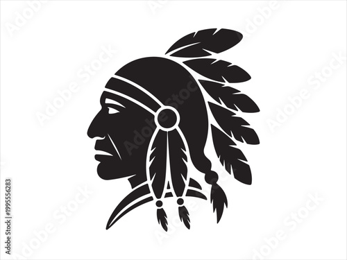 Native american chief head silhouette with feathered headdress black white vector illustration, tribal headdress profile design