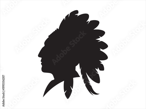 Native american chief head silhouette with feathered headdress black white vector illustration, tribal headdress profile design