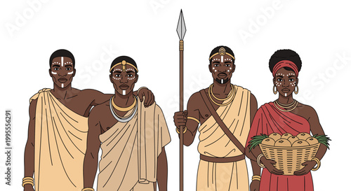Group of four african men and woman wearing traditional tribal clothing and face paint holding a spear and fruit basket.
