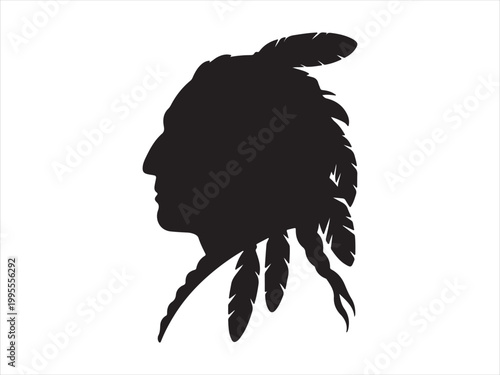 Native american chief head silhouette with feathered headdress black white vector illustration, tribal headdress profile design