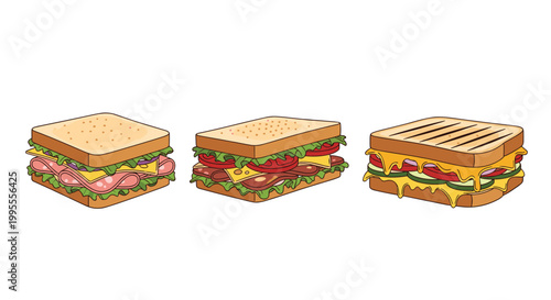 Three different types of sandwiches including a ham and cheese sub a bacon lettuce tomato and a grilled cheese panini.