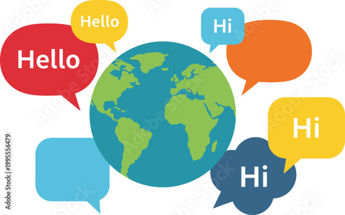 Global Greetings: A vibrant illustration showcasing the universal language of hello and hi spoken around the globe, symbolizing international communication and understanding.