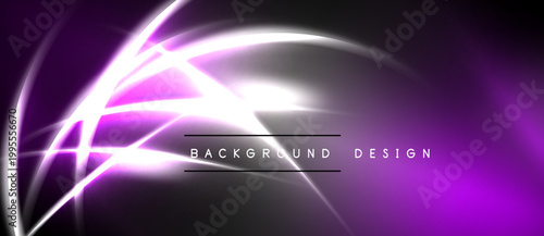 Abstract neon lines create dynamic purple glow. Dark background emphasizes bright curves, swirls, modern design elements.