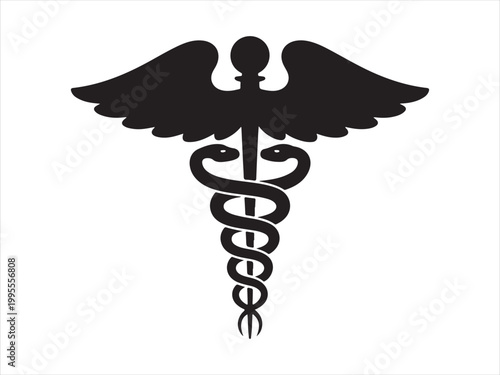 Black silhouette of a Caduceus medical icon symbol with wings healthcare minimal vector illustration