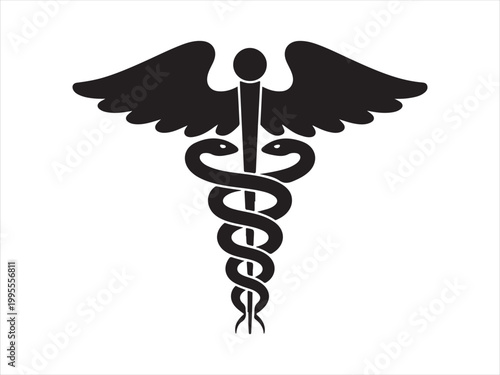Black silhouette of a Caduceus medical icon symbol with wings healthcare minimal vector illustration