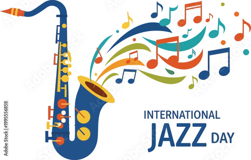 Saxophone Melody: A vibrant saxophone, from which streams a cascade of colorful musical notes, celebrating the International Jazz Day and capturing the rhythm and soul of jazz.