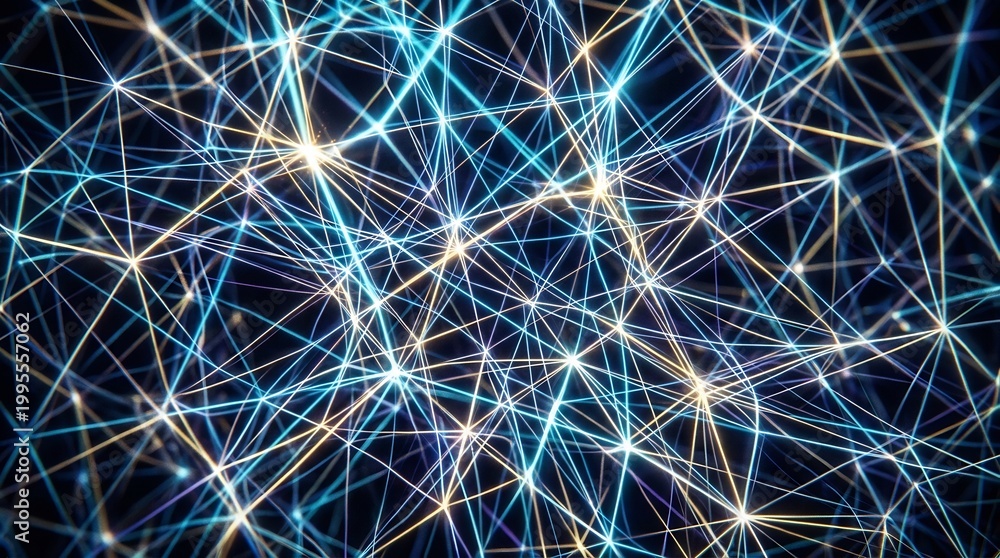 Fototapeta premium Network connections illustrate complex data structures and digital communication pathways through an intricate web of glowing blue and white lines crossing against a solid dark background field.