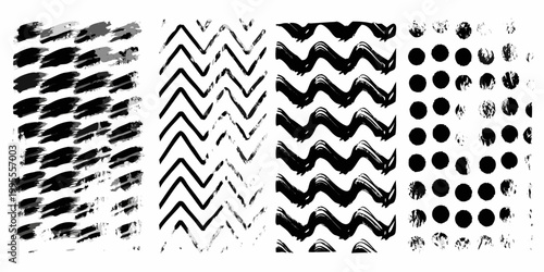 Four abstract brushstroke patterns in black and white arranged vertically