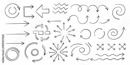 Collection of hand drawn arrows and doodle style directional symbols