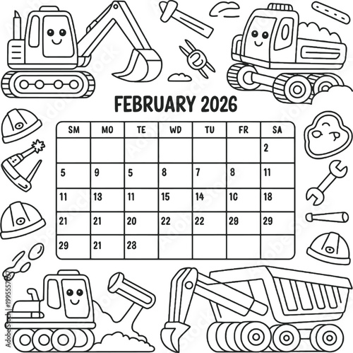 February 2026 construction themed calendar coloring page with trucks