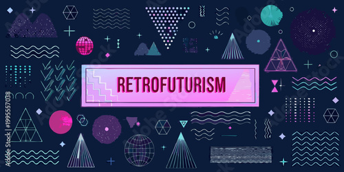 Retro futurism aesthetic with geometric shapes and vibrant color scheme