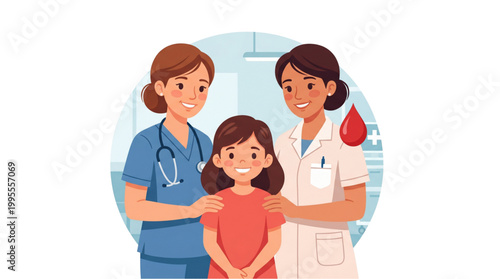 Vector illustration of caring nurses with a happy child patient in a hospital room, highlighting medical care for International Thalassemia Day and pediatric health support.
