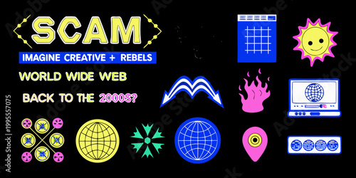 Digital collage with scam text and early internet aesthetic elements