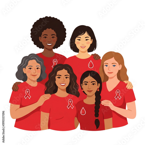 Vector illustration of a diverse group of women wearing red awareness ribbons to support International Thalassemia Day, raising awareness for blood disorders and medical care.
