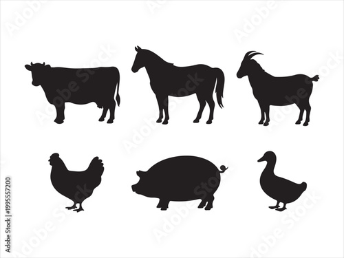 Farm animals silhouette vector set, cow goat pig chicken duck livestock icon design