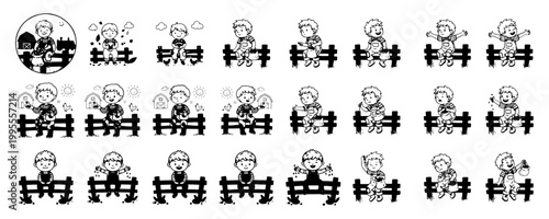 Boy Sitting on Fence Doodle Set