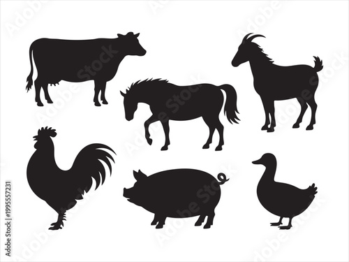 Farm animals silhouette vector set, cow goat pig chicken duck livestock icon design