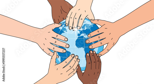 Global Harmony: A united embrace of our planet, showcasing diversity and interconnectedness as hands of various ethnicities gently cradle the Earth. A symbol of unity, collaboration.
