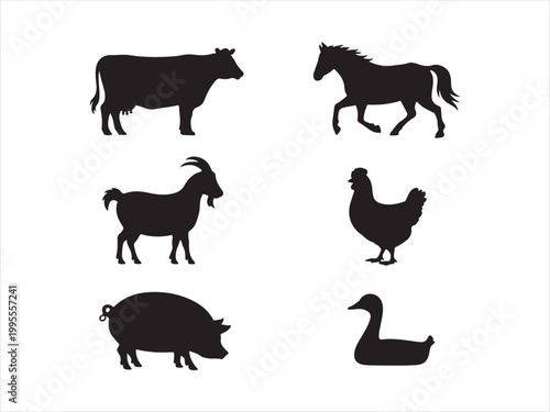Farm animals silhouette vector set, cow goat pig chicken duck livestock icon design