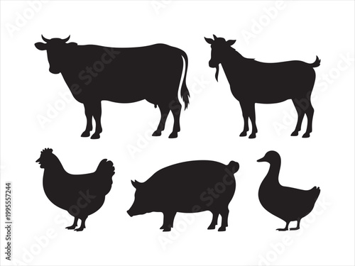 Farm animals silhouette vector set, cow goat pig chicken duck livestock icon design