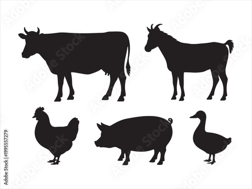 Farm animals silhouette vector set, cow goat pig chicken duck livestock icon design