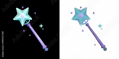 Magical star wands displayed in contrasting black and white backgrounds