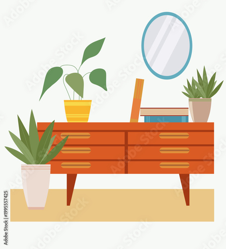 A hand-drawn desk with books and flowers on a light background. Interior elements isolated on a white background.