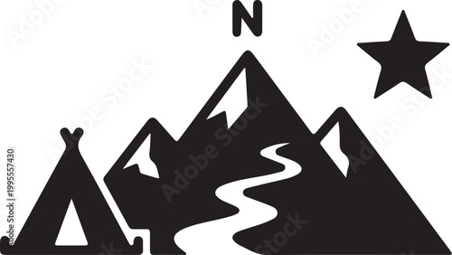 A minimalist black and white icon featuring mountains, a tent, a winding river, a star, and the letter N representing North and adventure.