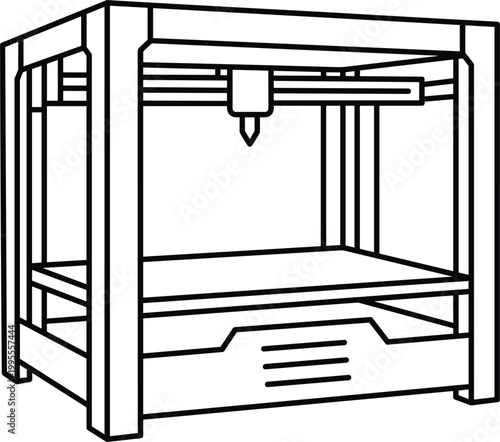 3D printer outline illustration featuring additive manufacturing machine with print head frame structure and modern fabrication technology vector design